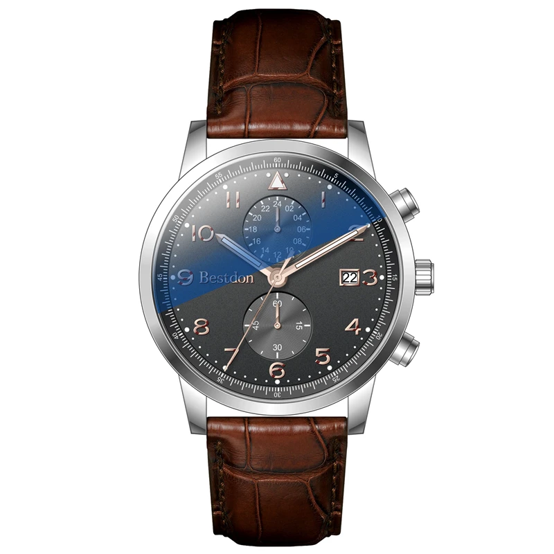 Trend design classical sports waterproof Genuine Leather men quartz watches wristwatches with Two Time Zone