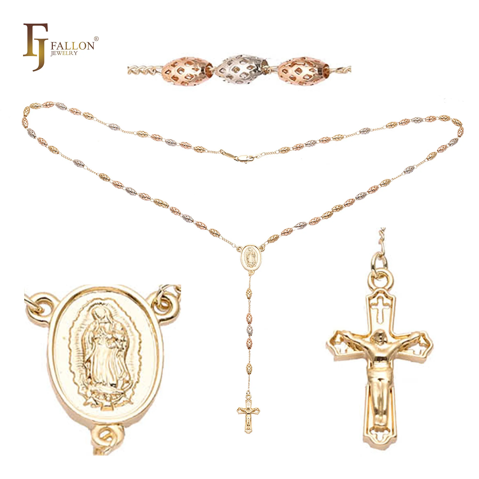 Z54190168 FJ Fallon Fashion Jewelry Italian Virgin Of Guadalupe Catholic Cross Rosary Necklace 14K Gold Sample Available