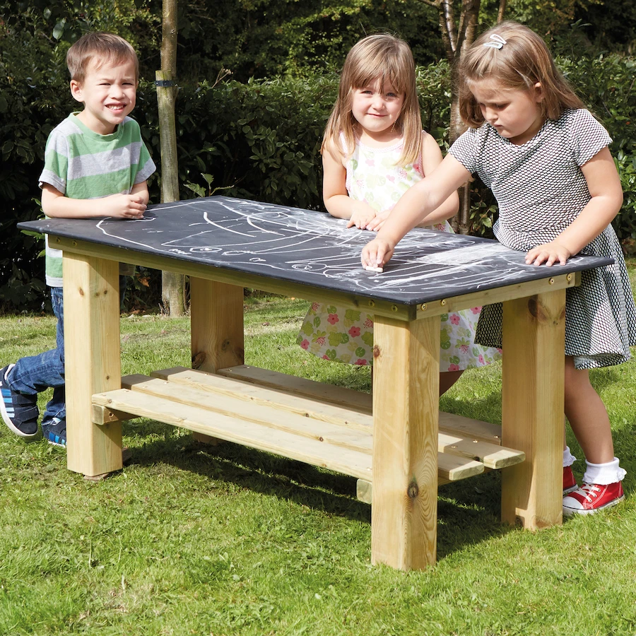 Early Education Kids Outdoor Play Equipment Wooden Toys Outdoor Rectangular Chalkboard Table and Benches