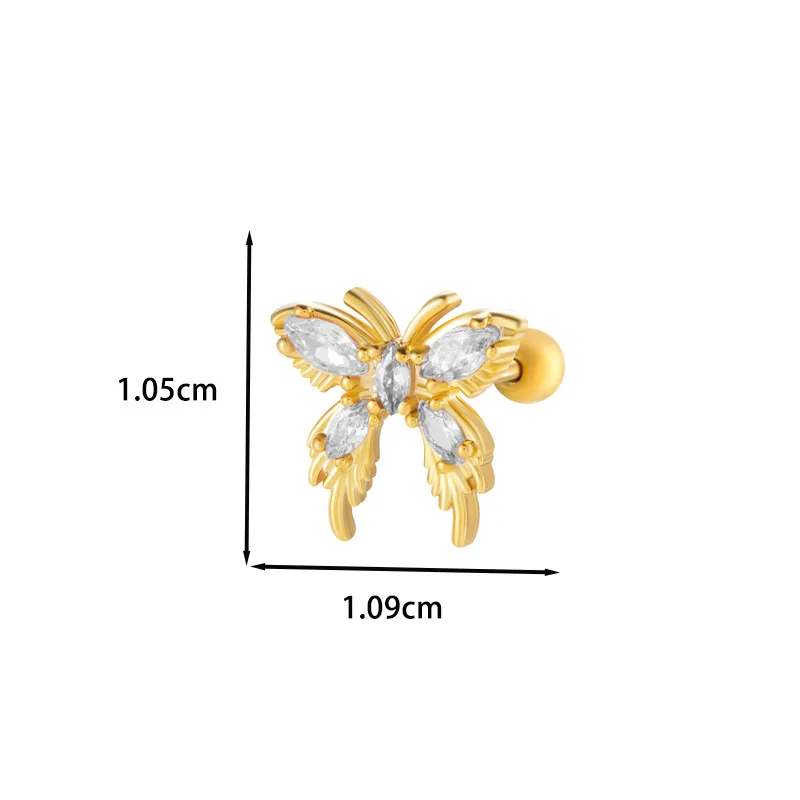 New Stainless Steel Rod Copper Inlaid Zircon Sweet Girl Feeling Butterfly Cherry Joker Cartilage Puncture Ear Bone Nail Jewelry