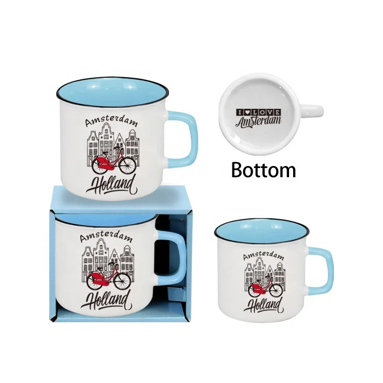 Personalized Holland Enamel Mug Custom Silk Screen Printing Ceramic Souvenirs Camp Cups and Mugs Gift Box Included