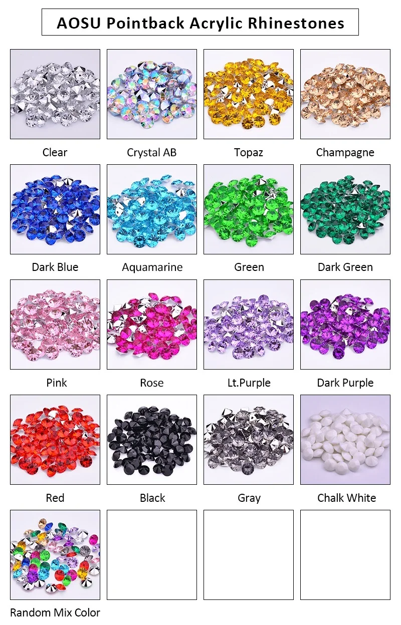 AOSU Fashion 1.5mm-12mm Round Diamond Strass Non Hotfix Crystal AB Stone Acrylic Pointback Rhinestones For Dress