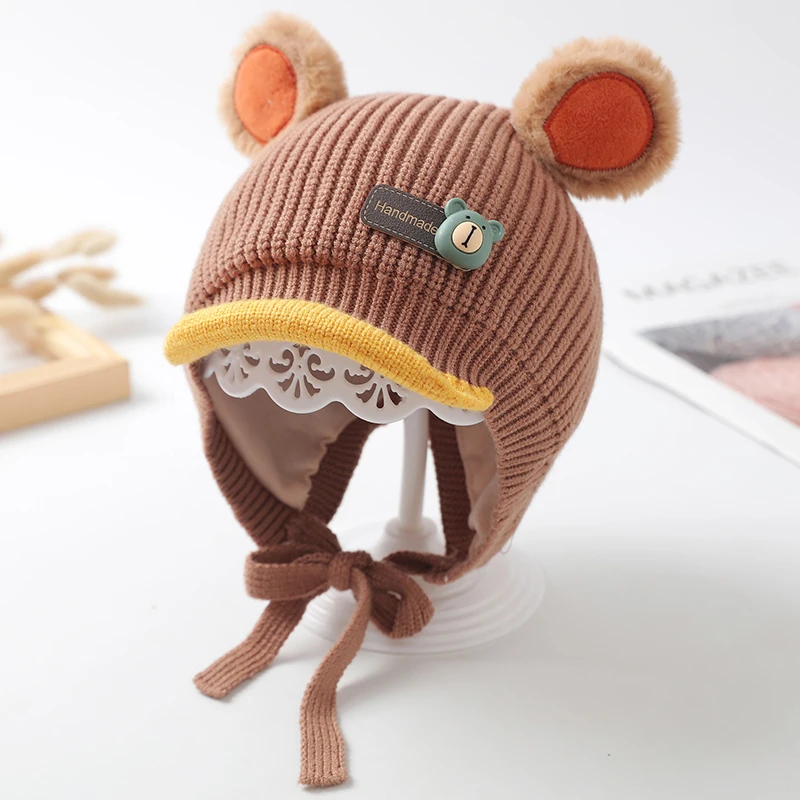 Осенне-зимняя теплая шапка с защитой ушей для новорожденных, вязаная шапка с милым медведем
