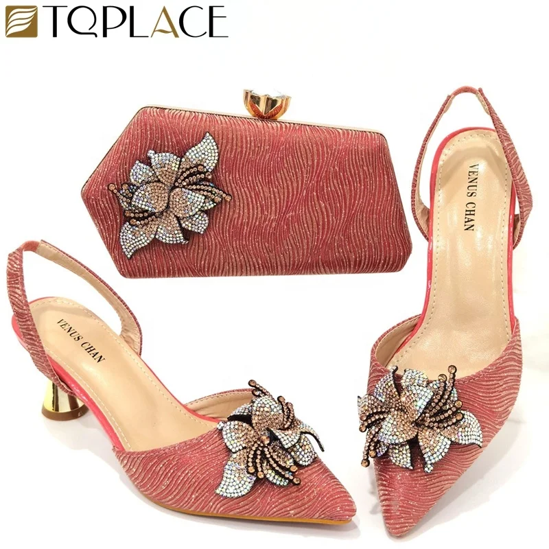 Elegant Elastic Band Shoes and Bag Set with stones African Set Italian  Heel  Ladies Shoes And Matching Purse For Evening Party