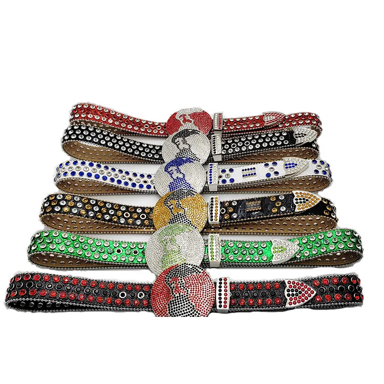 Western Cowboy Bling Bling Round Buckle Custom Rhinestone Belts Golden Crystal Diamond Studded Leather Belts