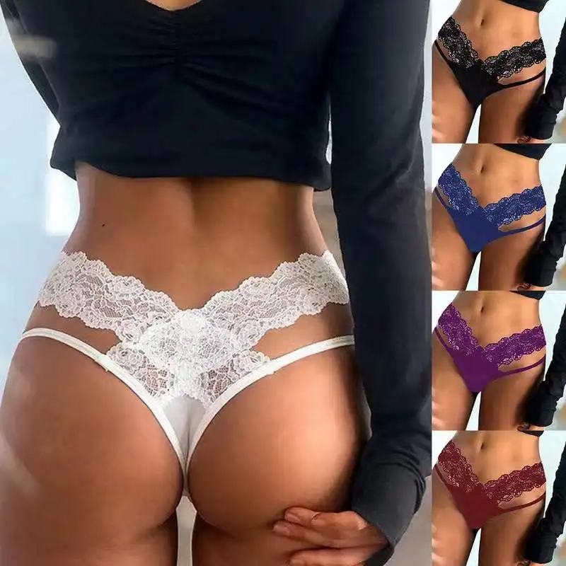 Wholesale Sexy Women Bandage Hollow Out Lace Thong Panties Lingerie T back Lingerie Soft Comfortable Bowknot Underwear Gift