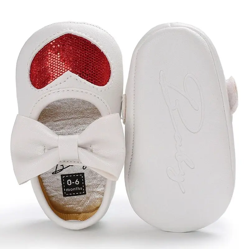 White Glitter Heart Kids Girls Mary Janes Newborn Baby Shoes with bow