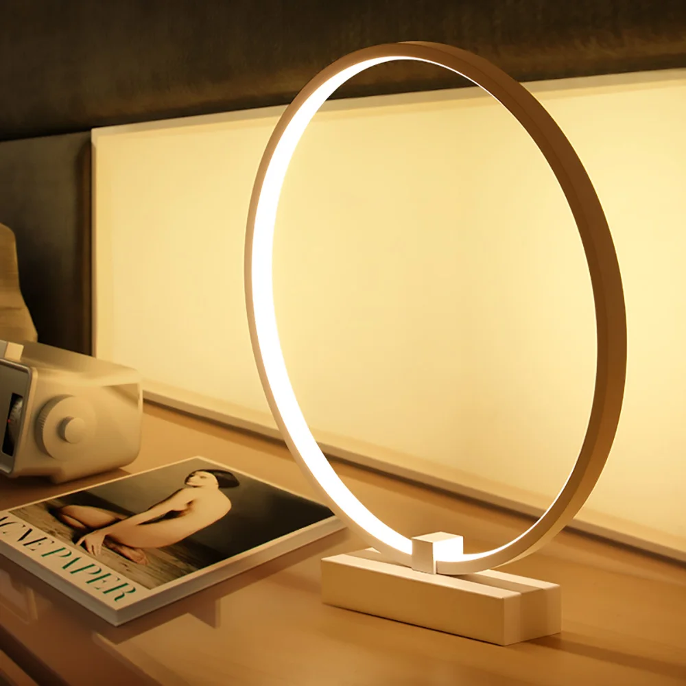 Biumart Modern circle LED creative Nordic style acrylic lampshade iron holder bedside ring light decoration smart desk lamp