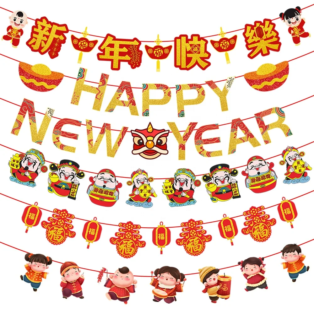 Wholesale Happy New Year Bunting Banner for Chinese Spring Festival Party decor God of wealth banner and Yuanbao banner