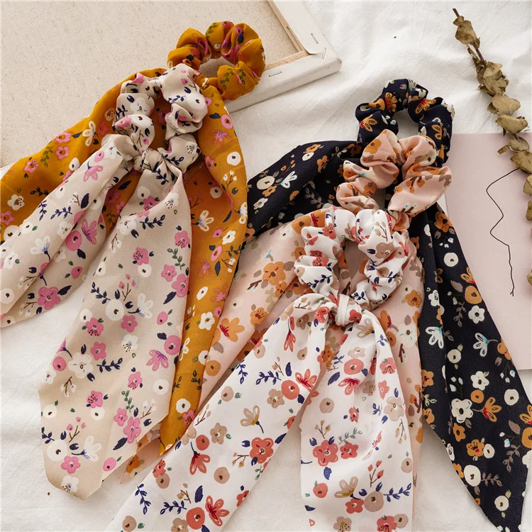 Hot Sale Women Floral Hair Scrunchie Bows Ponytail Holder Elastic Hairband Bow Knot Scrunchy Girls Hair Ties Hair Accessories