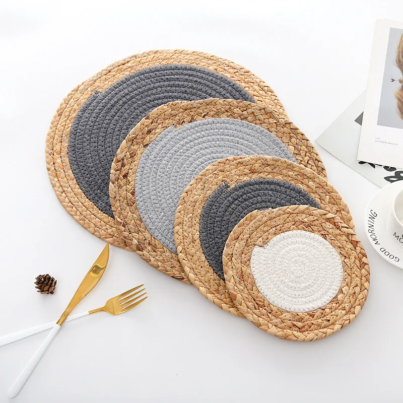 Straw round placemats Nordic minimalist style Handmade woven cotton woven mat water hyacinth cotton placemats