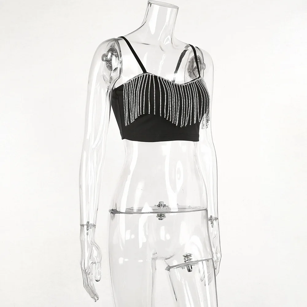 2022 Summer Fashion Black Backless Party Bustiers Corset Rhinestone Fringe Crop Tops Women Tassel Tank Top