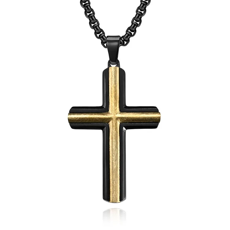 Custom Wholesale Men Black Gold Plated Stainless Steel Italian Jewelry Personalized Religions Cross Pendant Necklace