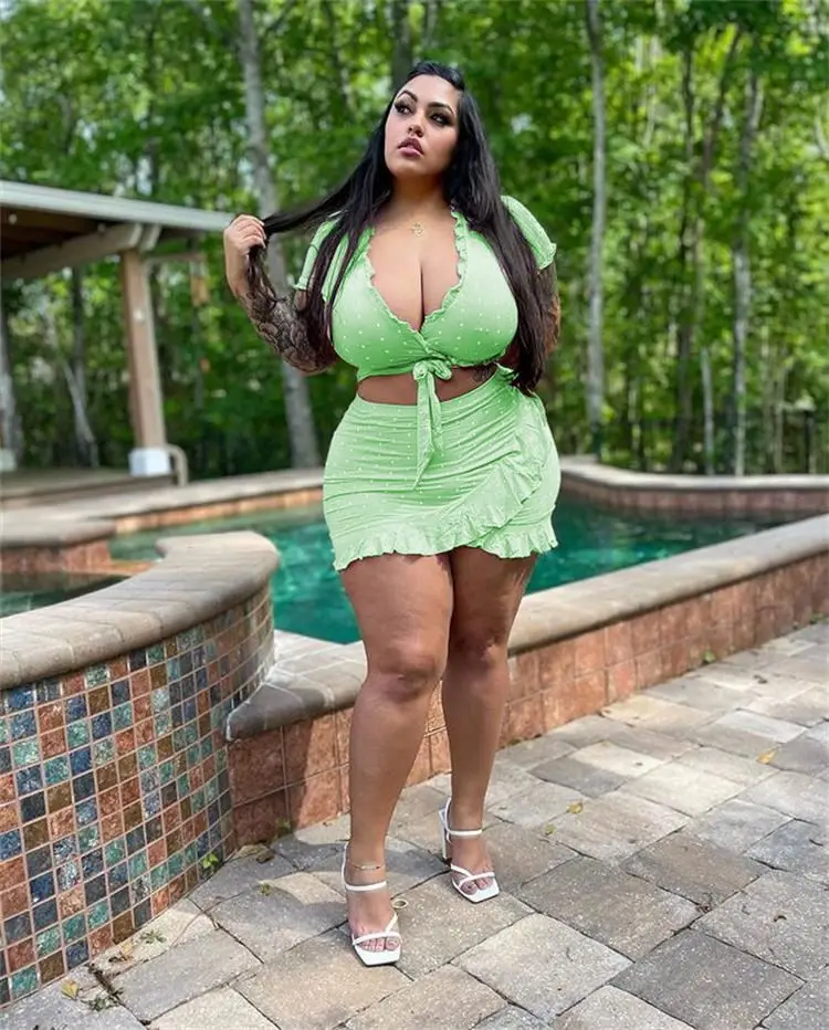 Plus Size L-4xl Ruffles Skirt 2 Piece Set For Women Clothing Polka Dot Print V-neck Two Piece Skirts Set Womens Set Plus Size