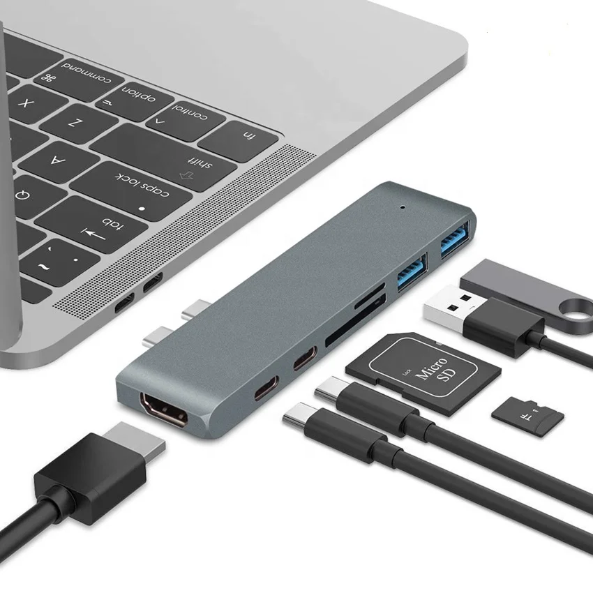 Адаптер 7 в 2 с двумя портами типа C зарядкой PD HDMI слотами для карт TF/ SD USB 3 0 Macbook Pro и т.