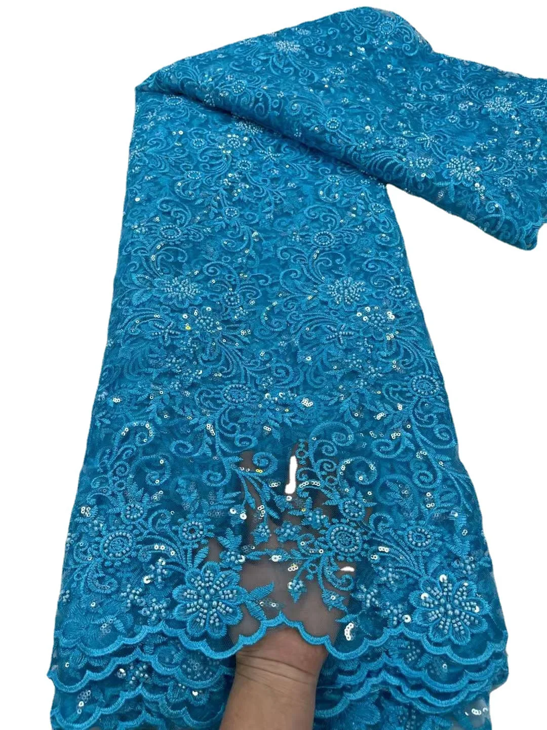 LS561 African Bead Lace Embroidery Fabric Sequins Bead Tube Mesh Gauze Fabric For Party  Dress Wedding Dress