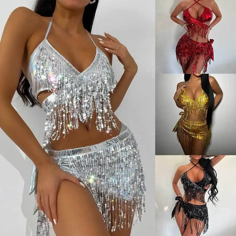 2024 Factory Wholesale Nightwear Sparkling Fringe Skirt Set For Latin Dance And Belly Hip Scarf Dance Performances