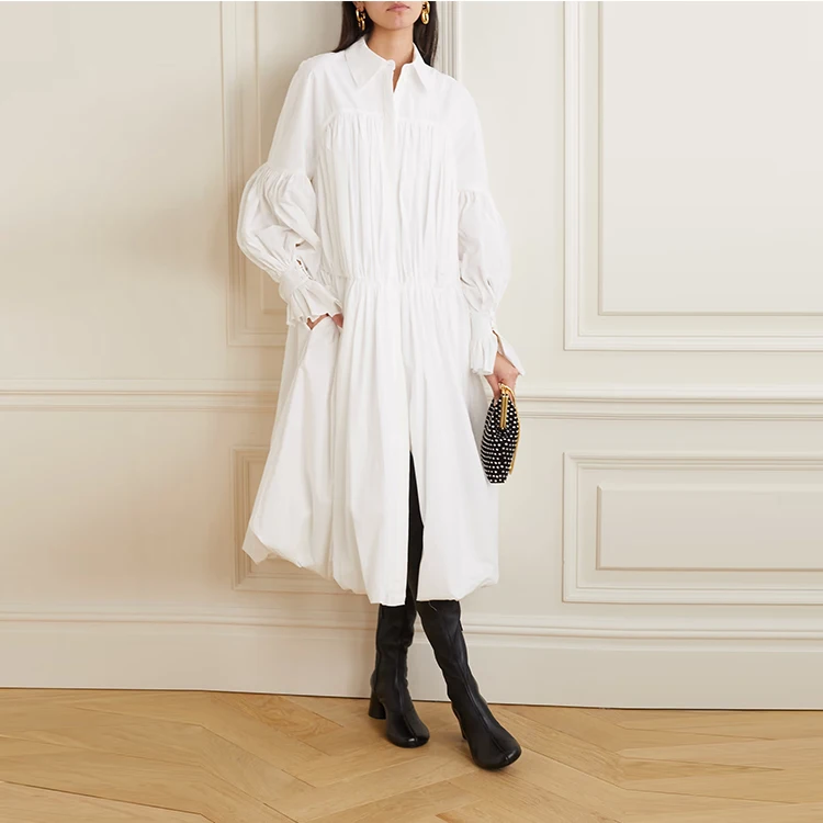 Clothing manufacturer custom spring autumn white polo neck long sleeve elegant casual women cotton shirt dress
