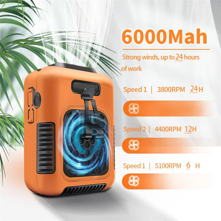 Working Wearable Indoor/Outdoor Portable Waist Recharge Powerful Lithium Usb Personal Fan with 6000mAh Battery