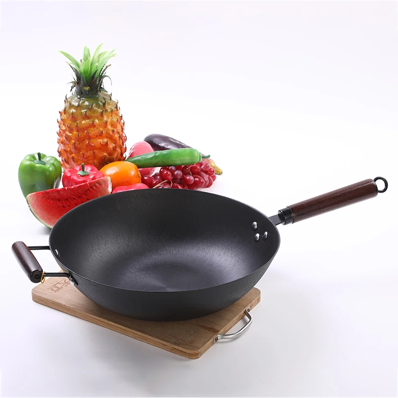 RTS Traditional Cookware Accessories Chinese Cast Iron Wok Pan Non-stick Wooden Handle Wok Pan