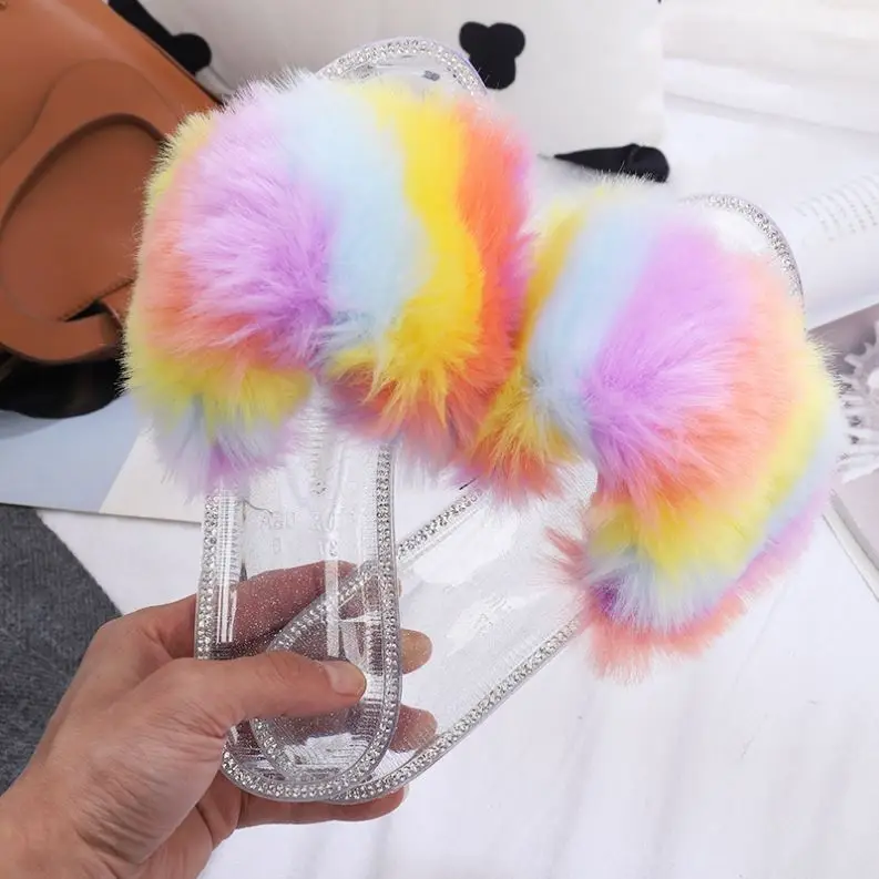 Custom Furry Rabbit Fur Foam House Soft Comfy Flat Fluffy Fur Slide Sandals Slippers for Women