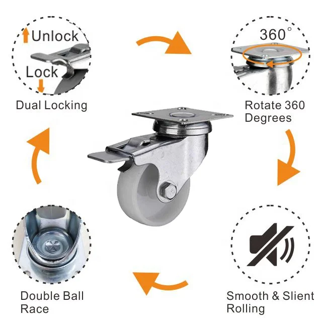 Series 33 nylon/pp 2 to 5 inch indoor small swivel&fixed dual brake stainless steel caster wheel