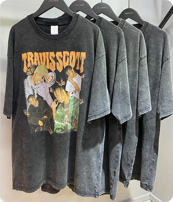 2022 Summer Washed Frayed Edge Singer Custom Printed Fashion 100% Cotton T Shirt