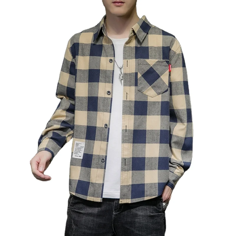 Autumn Winter Plaid Overshirts Men Fashion Custom Logo Loose Casual Check Shirts