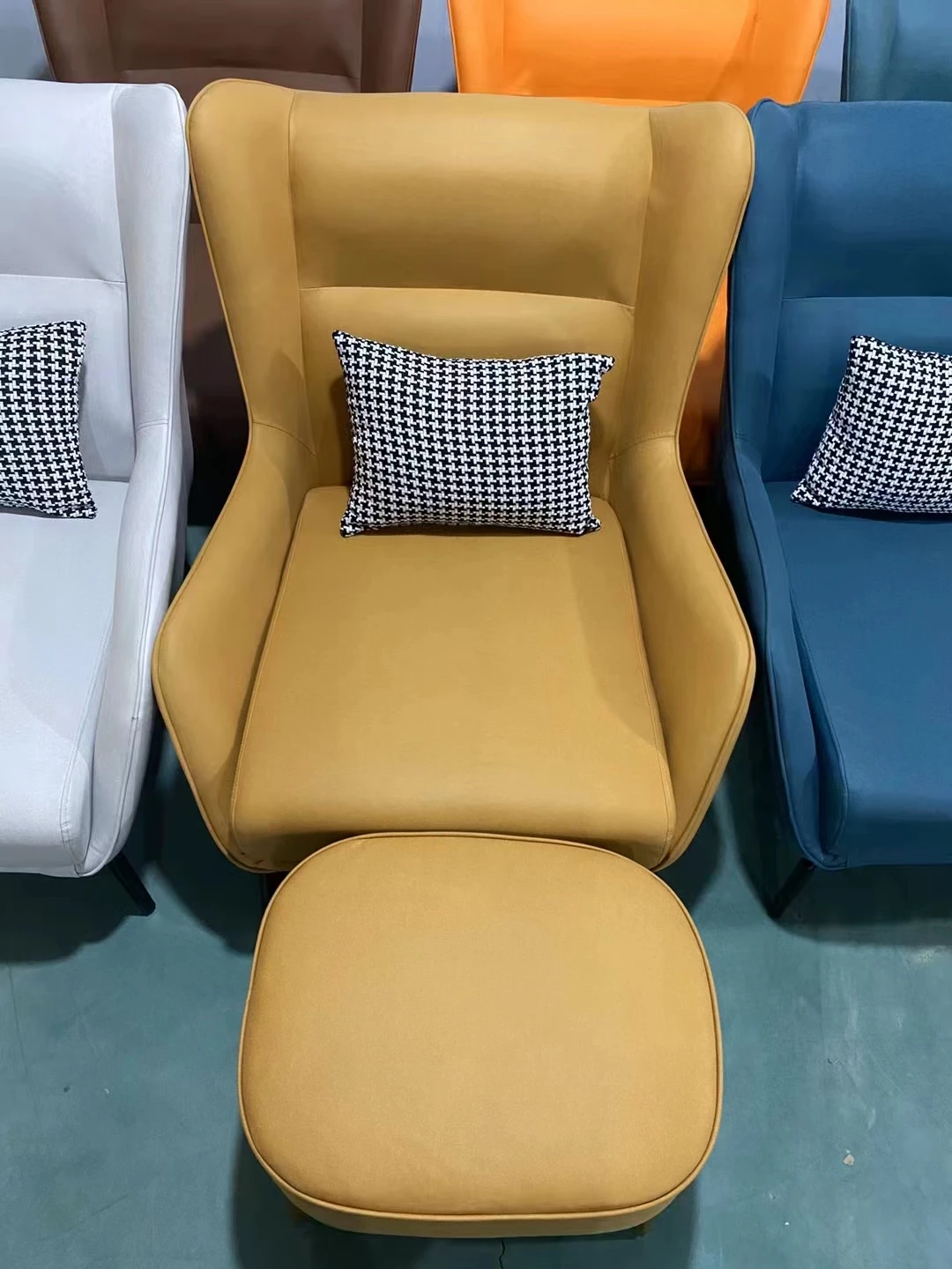 Modern simple armchair PU leather fabric iron frame for living room Nordic style leisure chair high back single sofa with stool