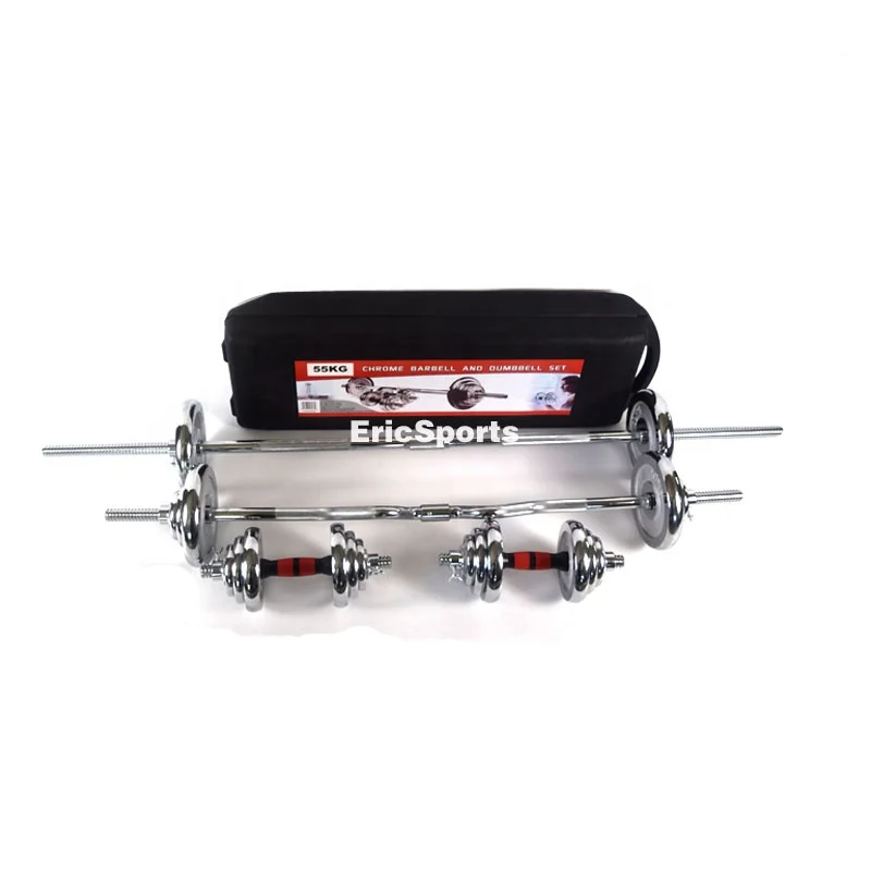 Free  Wholesales Customs logo Adjustable 50kg 55kg Weight Lifting Chrome Gym Dumbbell   Barbell Set With plastic Box