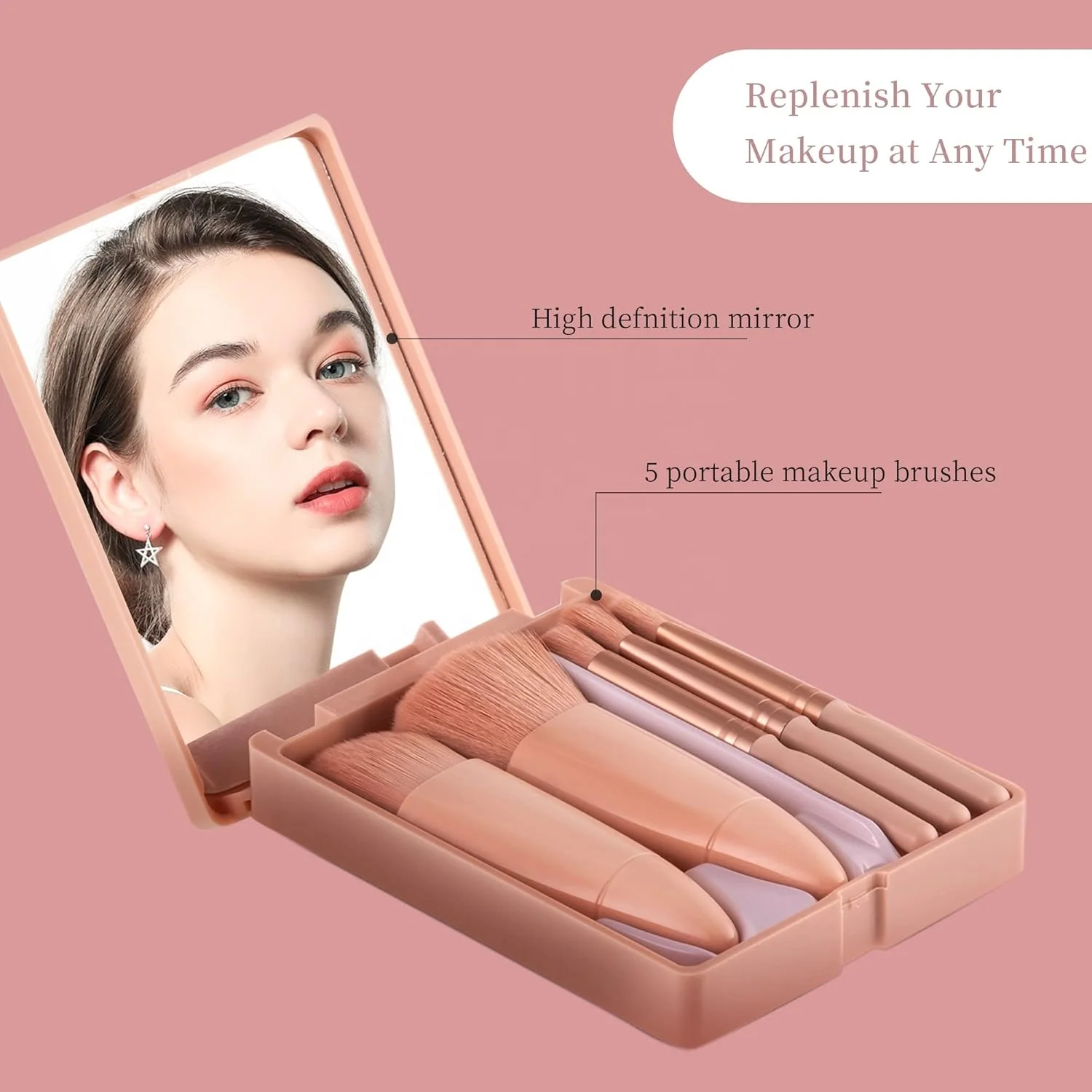 New Best Seller Travel Makeup Brush Set 5 PC Mini Makeup Brushes Kit Complete Function Cosmetic Brushes Kit with Mirror and Case