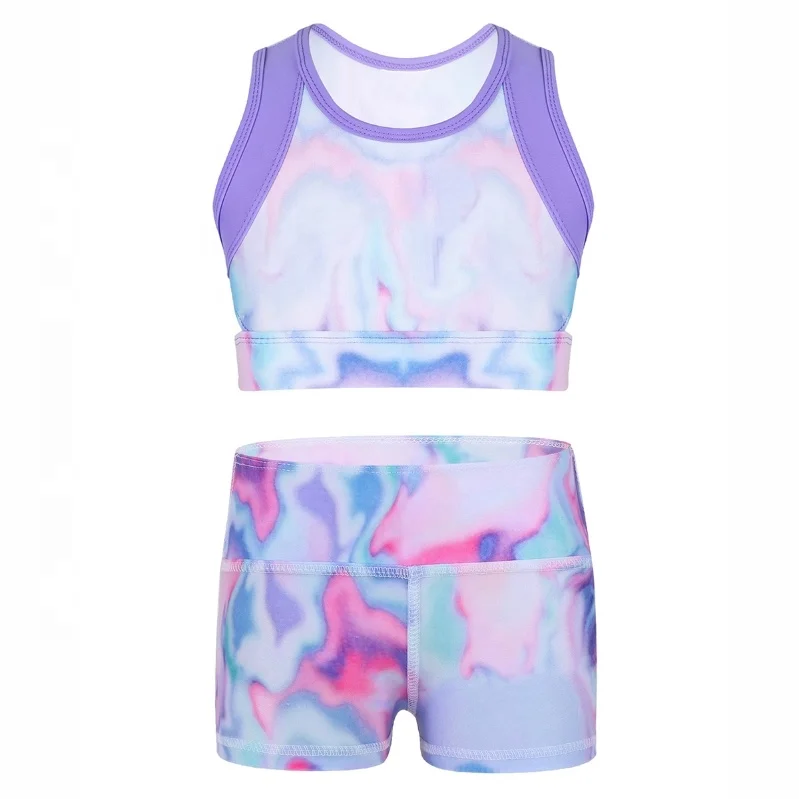 Kids Girls Colorful Stretchy Sleeveless Tanks Crop Top And High Waist Dance Shorts Bottoms Sports Gymnastic ballroom
