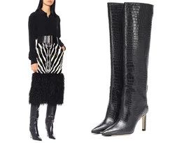2022 New Arrival Latest Style Pointy Stiletto Knee High Heels Women Female Crocodile Casual Walking Thigh High Boots Shoes Pumps