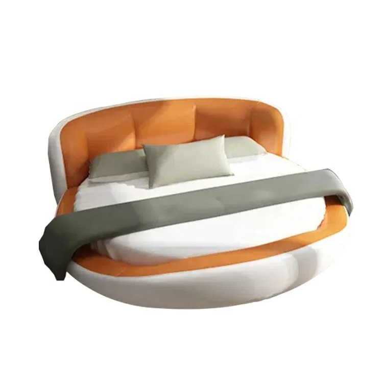 New Multifunction Bedroom Design Media King Size Tufted Button Round Smart Leather Round Bed