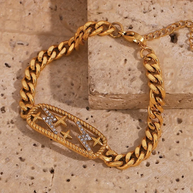 18K Gold Plated Twisted Zircon Lightning Choker Necklace Unisex Star Pendant with Link Chain Silver Cuban Chain Necklace