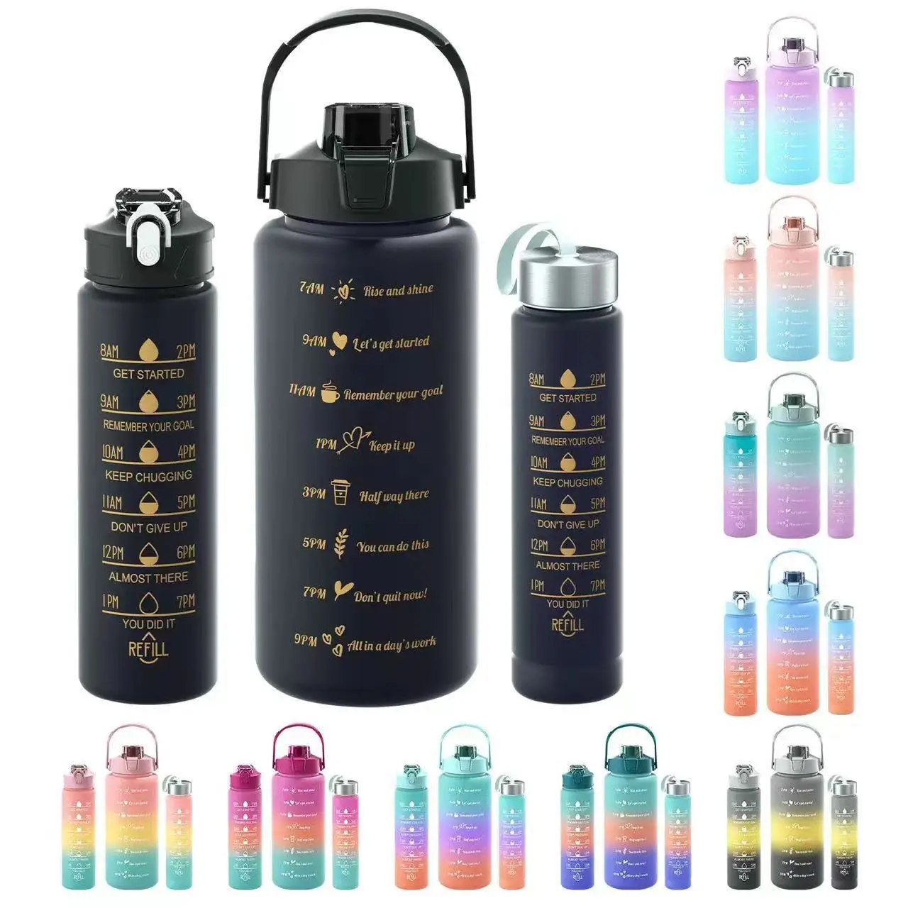 3 set Plastic Sport Gym Motivational Bottle Flip Top Cover Drink Water Bottle With Time Marker Straw Strainer