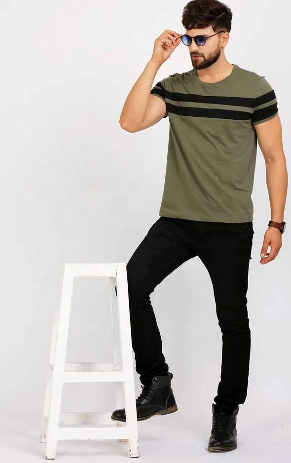 
Wholesale Direct Factory Sale Blank Custom Branded 100% Cotton khaki with black stripes Men T Shirt 