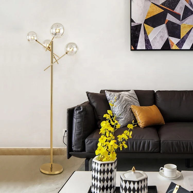 Simple E27 Mirror Titanium Metal Frame Floor Light Cognac Ball Glass Standing Floor Lamp