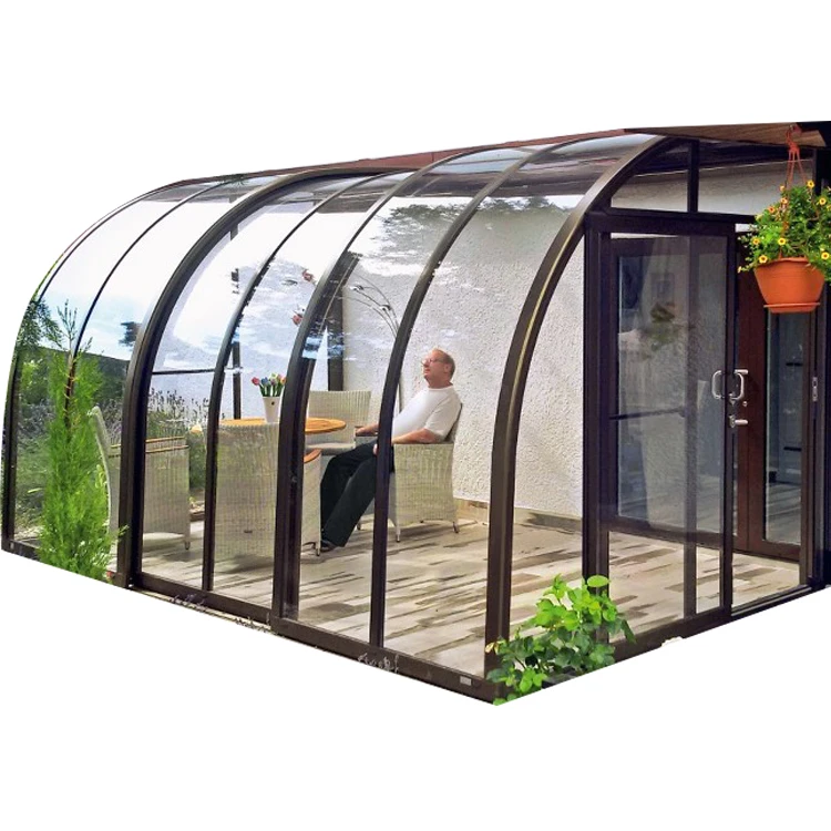 Telescopic Curved roof sunroom new style glass house winter garden for sale balcony aluminium alloy frame with glass sheets