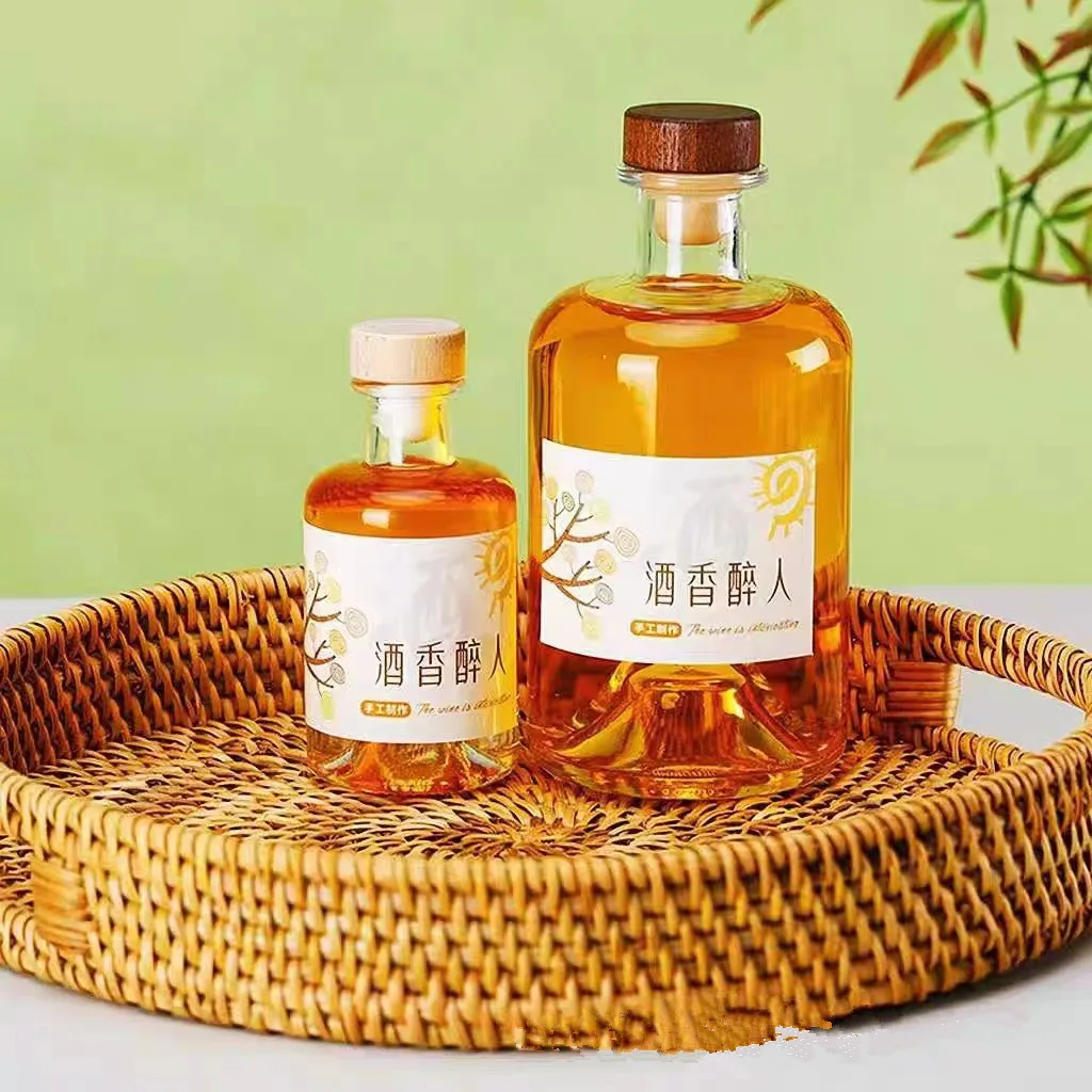 Empty round 750ml whiskey gin glass bottle 100ml250ml375ml500ml clear spirit vodka bottle glass liquor bottles with wooden cork