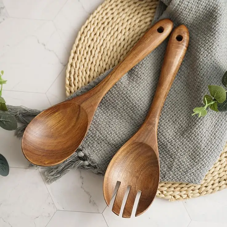 Kitchen Appliance Tools Fruit and Vegetable Salad Servers Eco Friendly Teak Wood Spoon Fork For