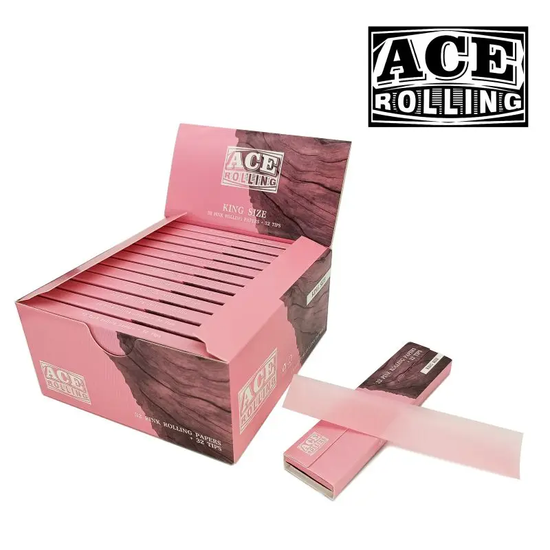 Wholesale Custom Hemp Rolling Paper 100% Natural Arabic Gum Unblenched Wood Pulp Pink Kingsize  Smoking Rolling Paper With Tips