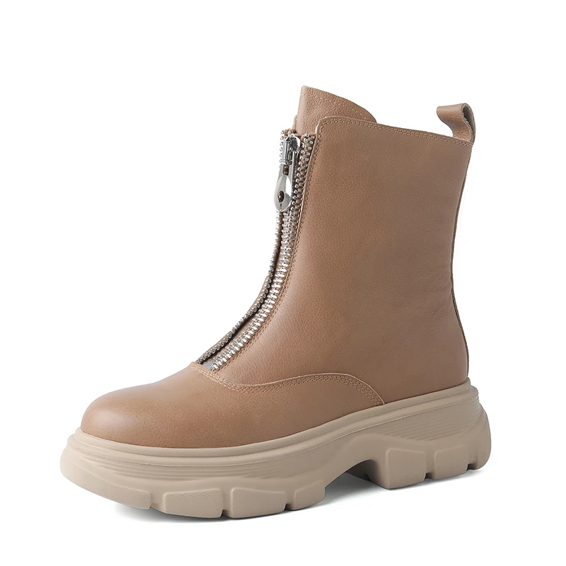 
2021 New Women Fashion Ankle Boots Front Zipper Autumn Winter Warm Genuine Leather Female Shoes Chunky Heels Platform Casual 