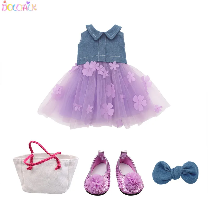 Dolltalk Brand Hot 18-inch American Doll Denim Jacket Stitching Skirt With Bow Headdress, Shoes, Bag Suit Doll Clothes