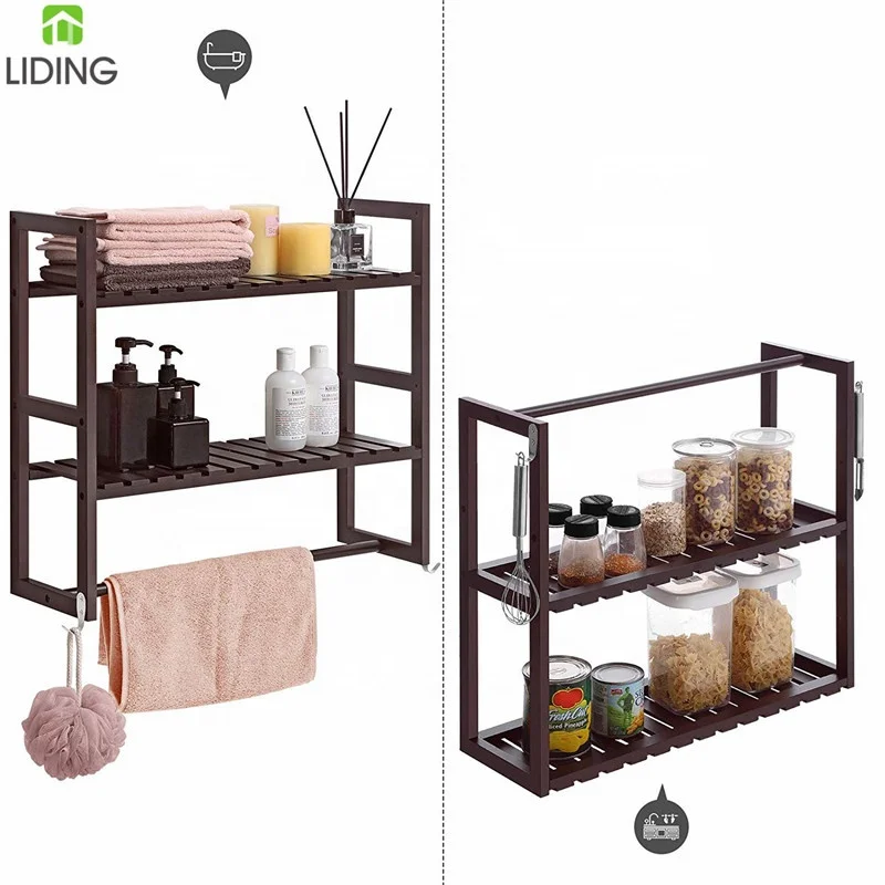 Bamboo Bathroom Shelves 3 Tier Adjustable Layer Rack Wall Mounted Utility Storage Shelf Rack with 2 Hooks