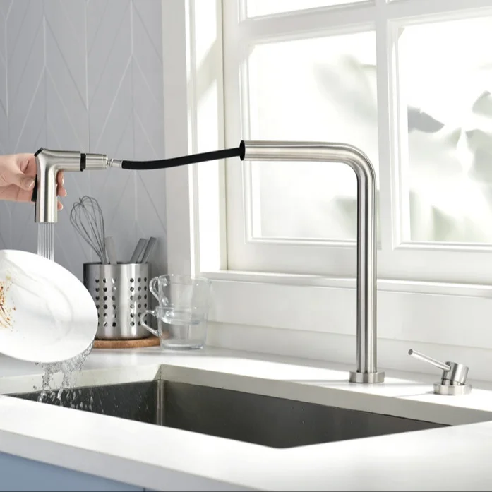 Hot Sale Stainless Steel 2 Holes Sink Long Neck Taps Commercial Nickel 360 Degree Swivel Spout Pull Out Kitchen Sink Faucet