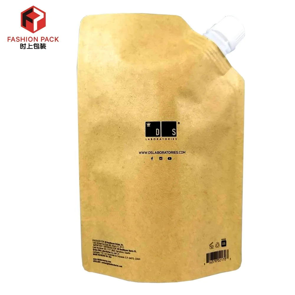 Custom Eco Friendly Sustainable Liquid Drink Packaging Spout Bag Biodegradable Brown Kraft Paper Spout Pouch Beverage Printed