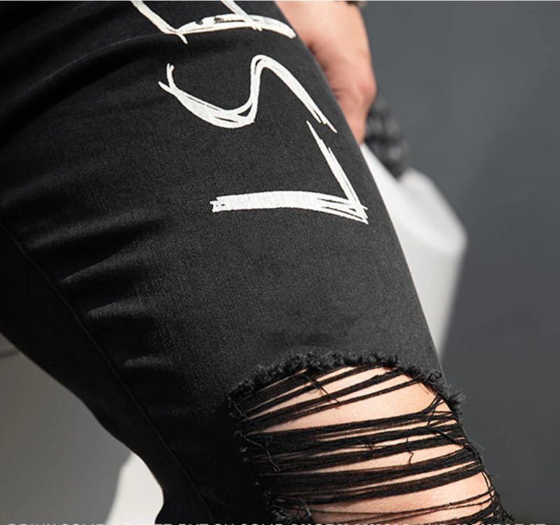 High Street Fashion Mens Jeans Night Club Black White Color Personal Designer Printed Jeans Men Punk Pants Skinny Hip Hop Jeans