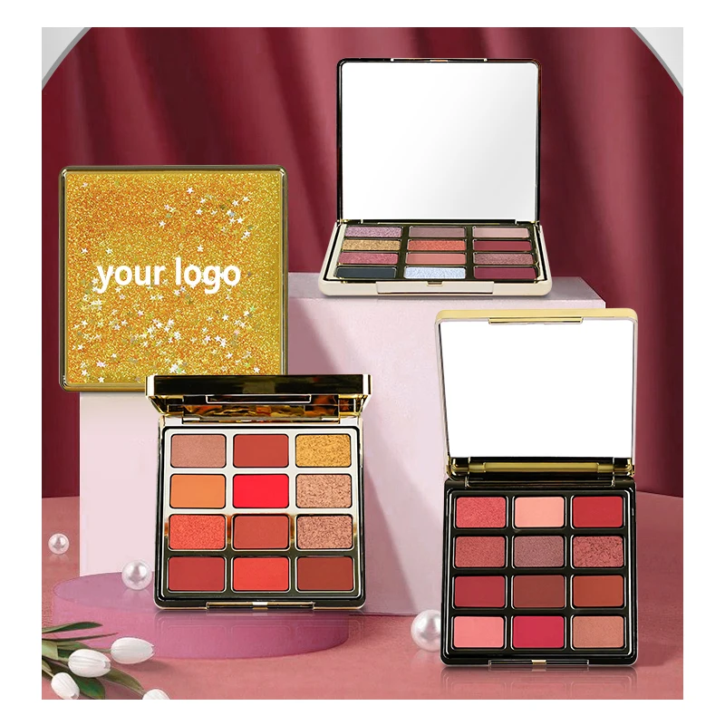 12 видов цветов Блестящий мерцающий Пигмент Блеск Водонепроницаемый Органических веганских материалов изготовленные на заказ с логотипом Румяна Матовые Тени для век Палитра