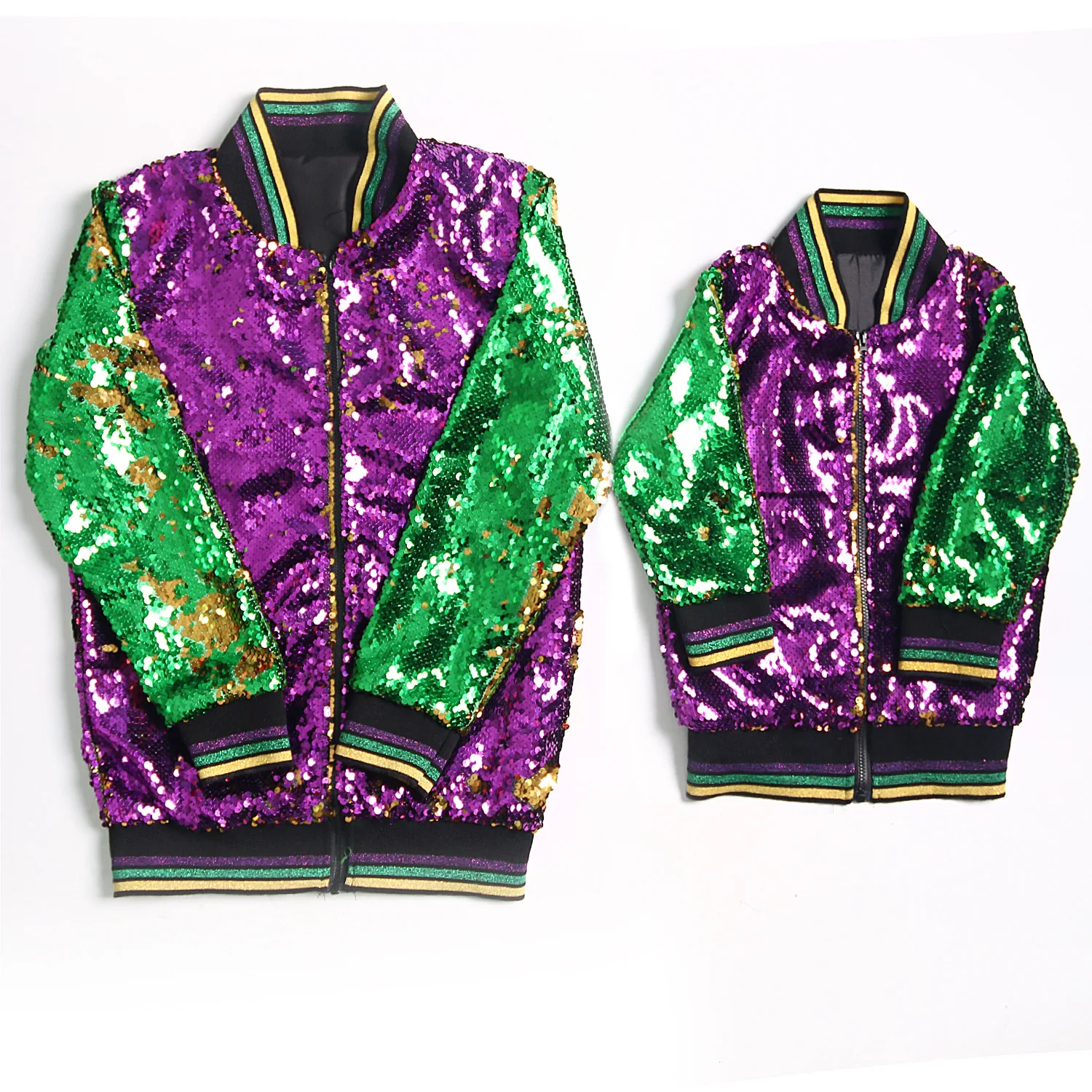 Rarewe Wholesale Mardi Gras Clothes Girls Festival Zipper Shiny Coat Green Gold Purple Reversible Sequin kid mardi gras Jackets